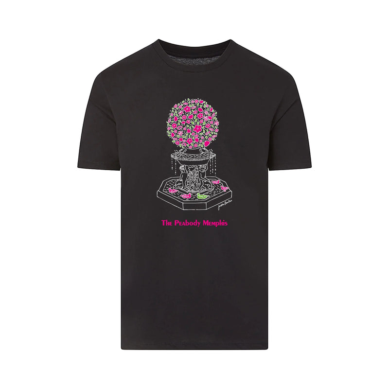 bLACK Lansky X Justin Bowles Peabody Fountain T-Shirt featuring colorful illustration of The Peabody Hotel fountain and marching ducks, inspired by the “March of the Ducks” art installation.