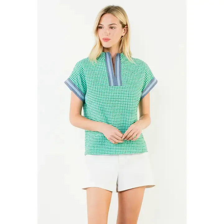 Short Sleeve Gingham Patterned Top - Green THML