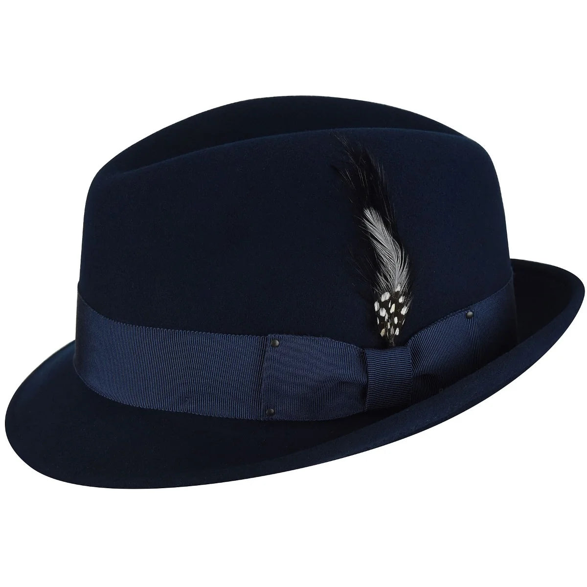 Navy blue fedora hat with a feather on a white background