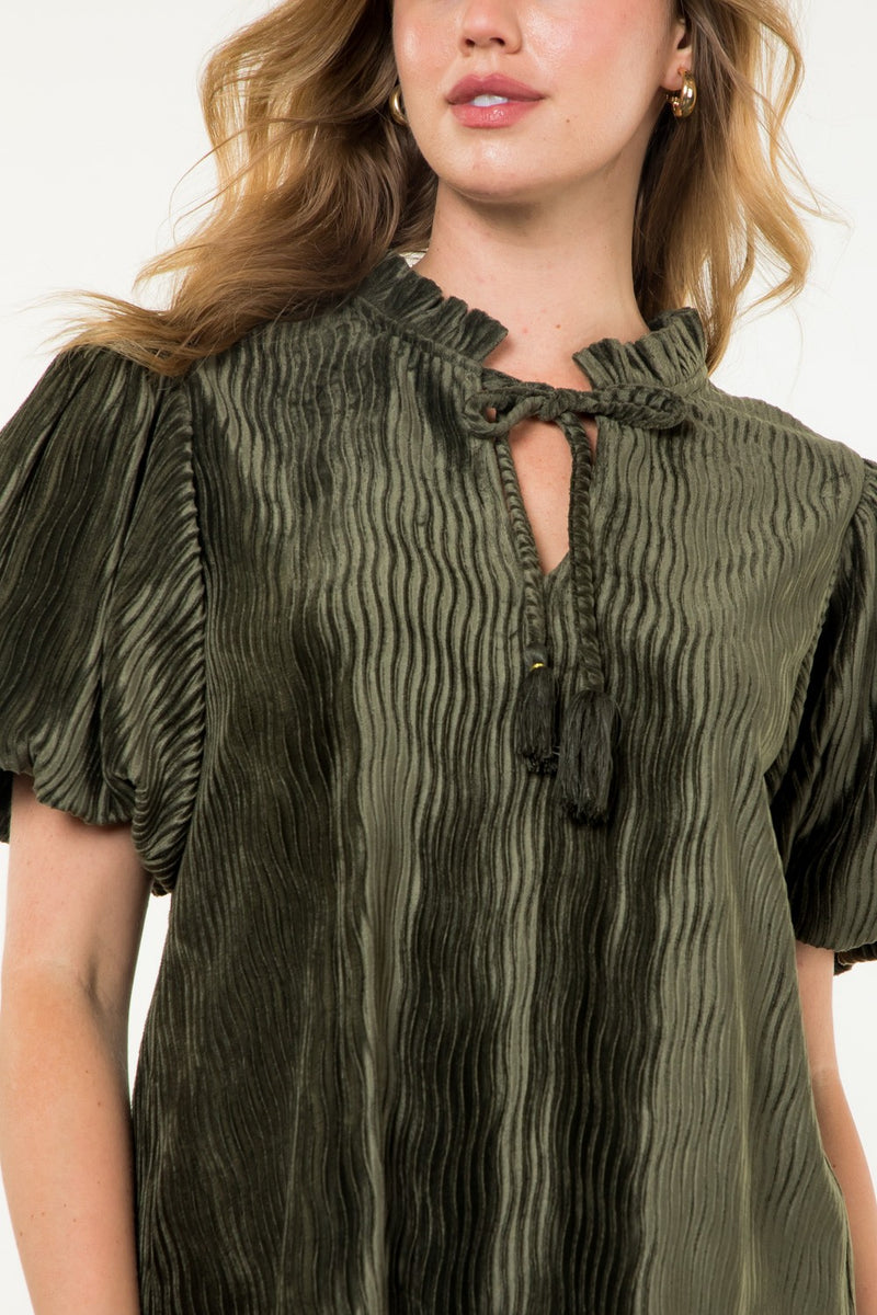 Puff Sleeve Velvet Top - Olive