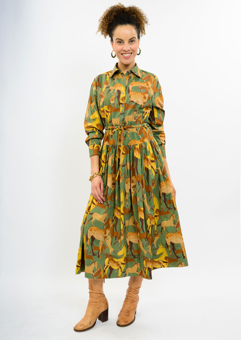 Frank Horse Print Midi Shirt Dress – Green