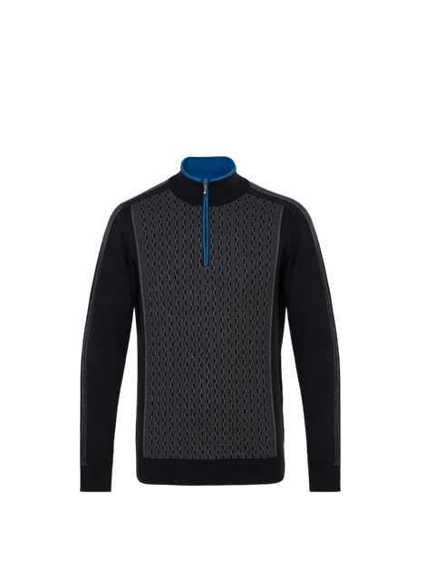 Black Quarter Zip Paneled Wave Jacquard Sweater