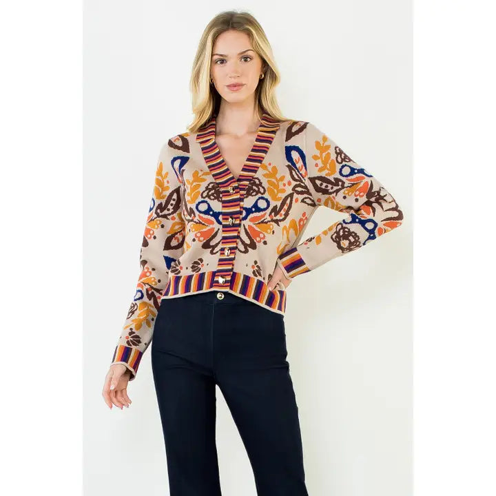 Floral V-Neck Cardigan with Gold Buttons