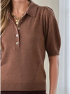 Detail shot of ribbed cuff and classic collar on brown polo knit top