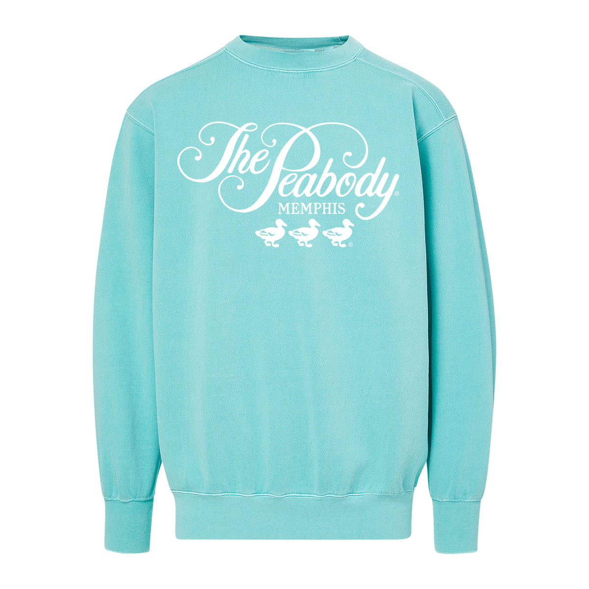 Light blue sweatshirt with 'The Peabody Memphis' text and duck graphics on a white background