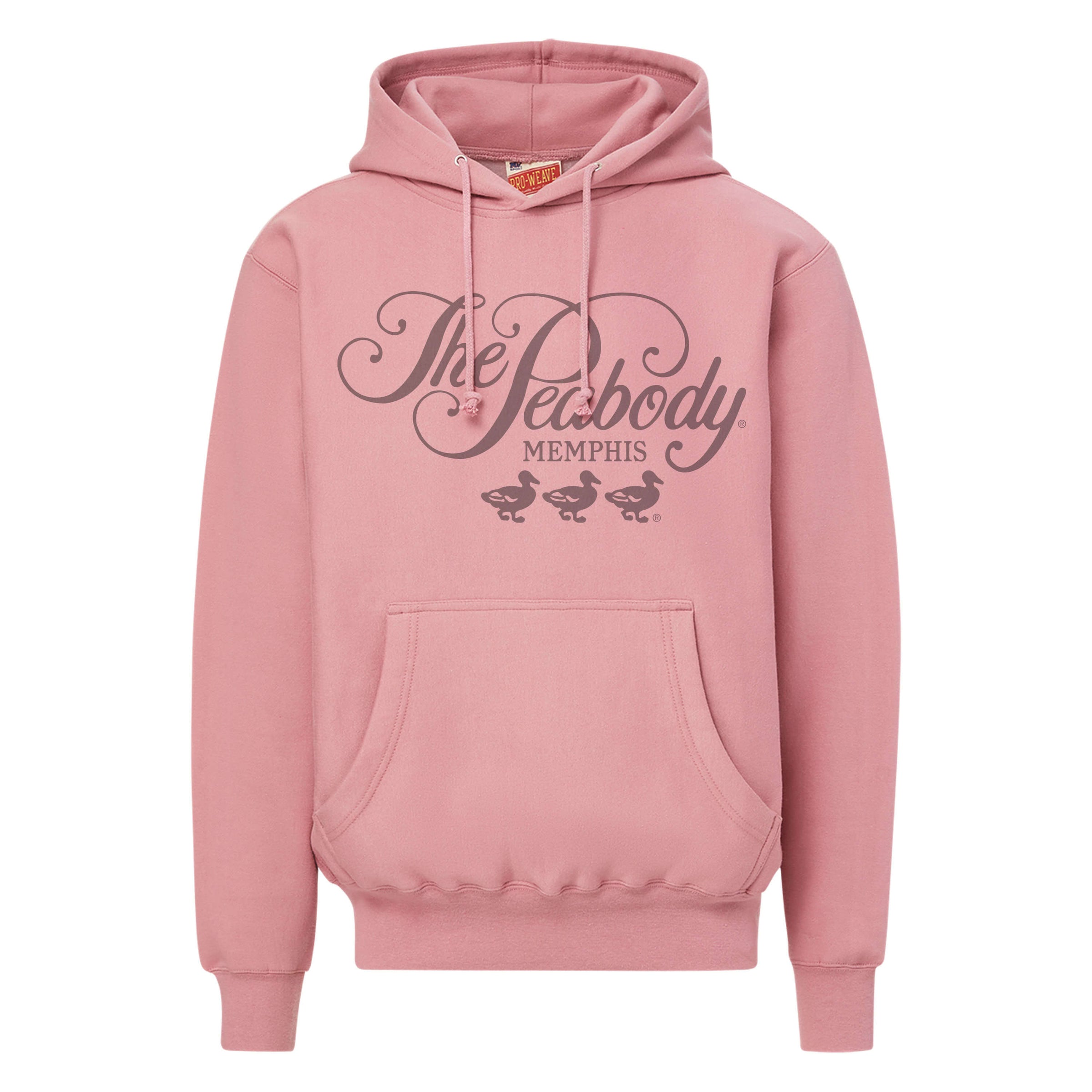 Pink hoodie with 'The Peabody Memphis' text and logo on a white background