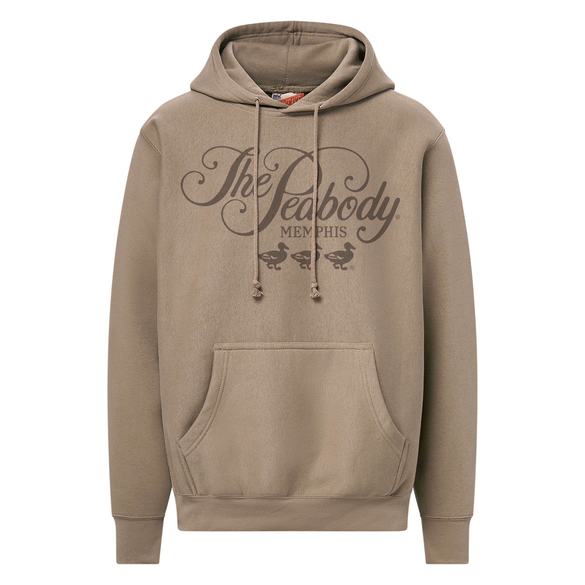 Brown hoodie with 'The Peabody Memphis' text on a white background