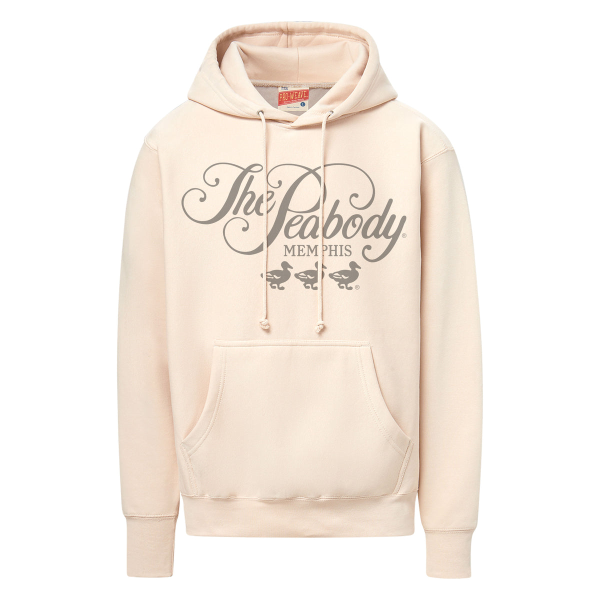 Beige hoodie with 'The Peabody Memphis' text on a white background