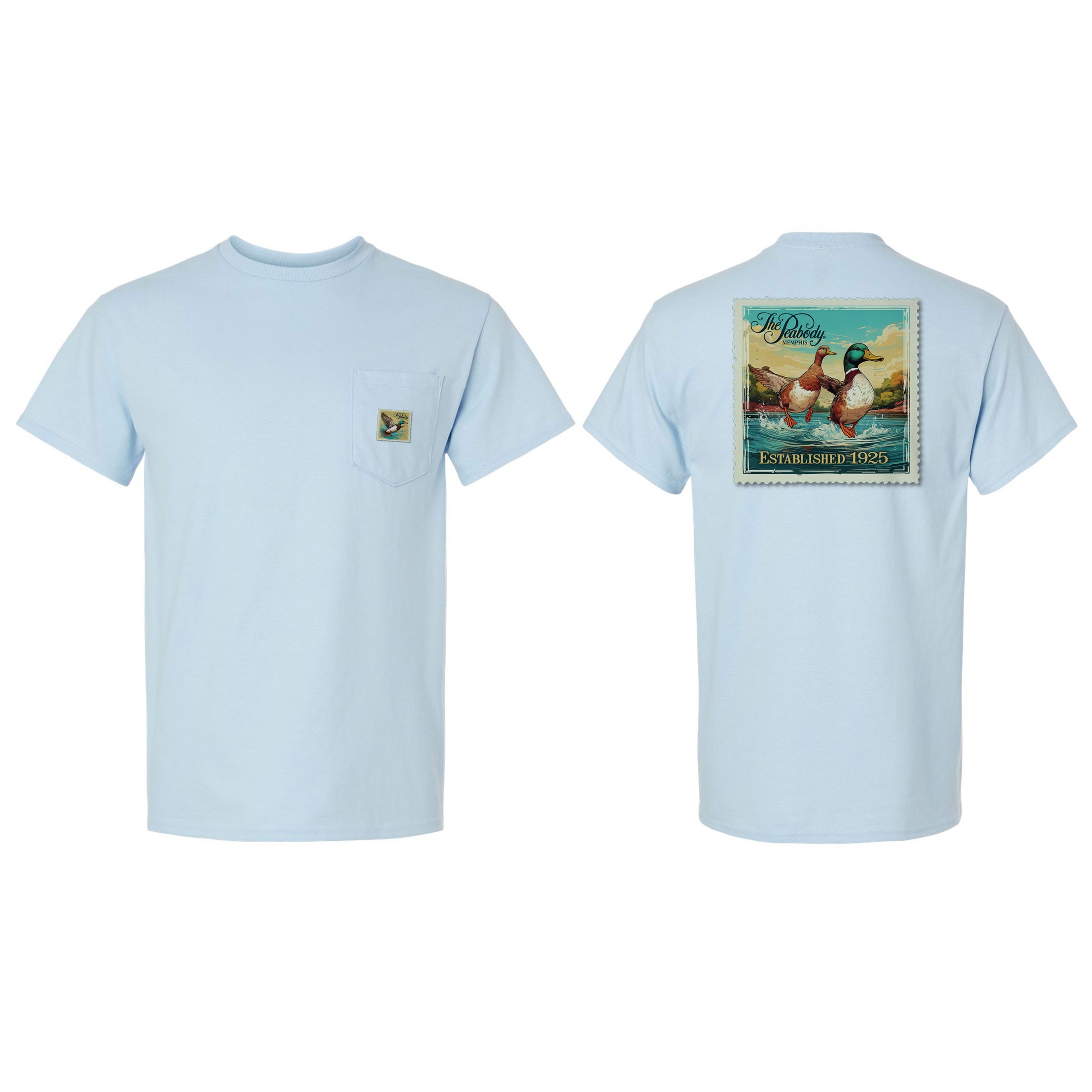 Light blue t-shirt with a graphic on the front and back on a white background