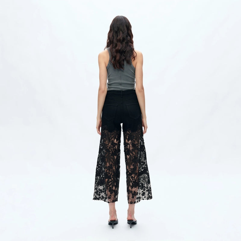 High Rise Wide Leg Jeans with Lace Spliced