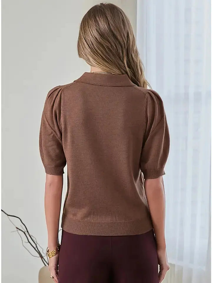 Brown Ribbed Short Sleeve Polo Knit Top Current Air