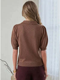 Brown Ribbed Short Sleeve Polo Knit Top Current Air