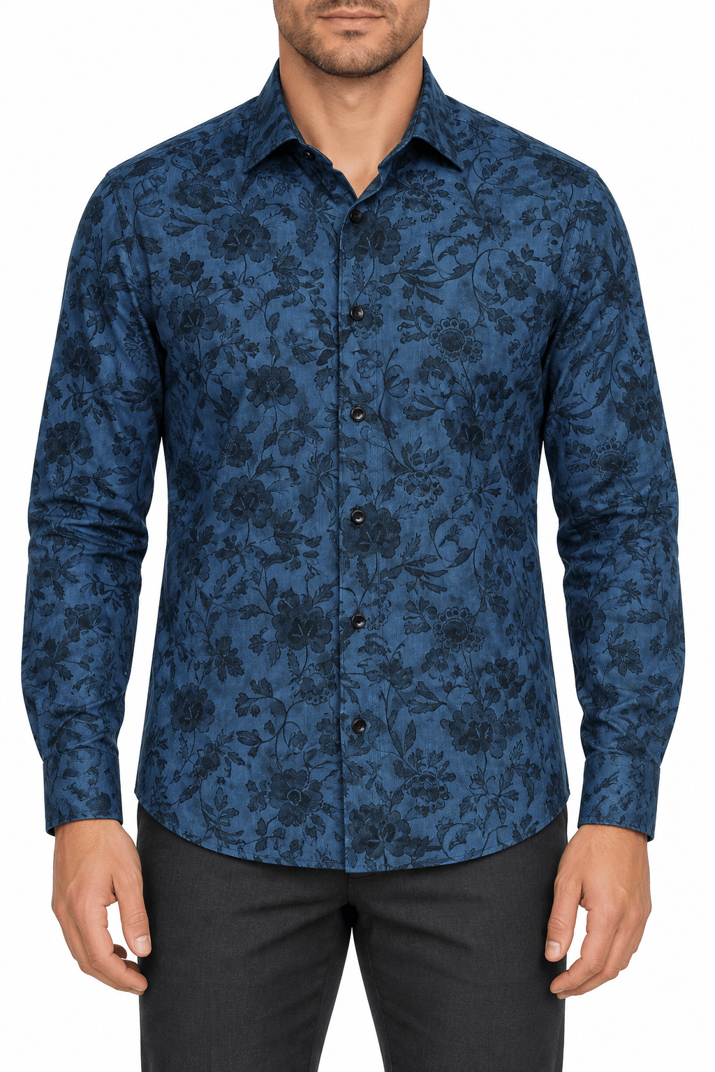 Floral Long-Sleeve Sport Shirt – Blue