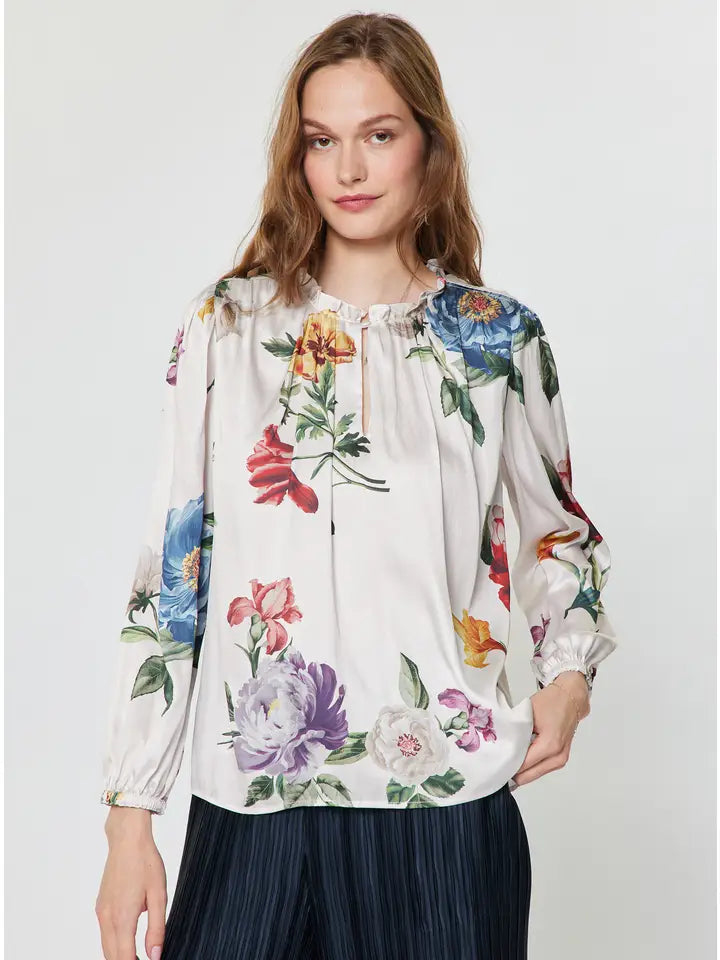 Floral Printed Ruffled Neck Long Sleeve Blouse