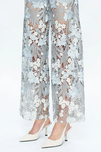 Embroidered Wide-Leg Lace Jeans With Rhinestone