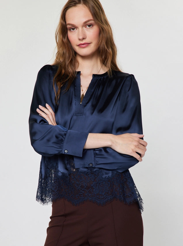 Navy Lace Hem Satin Blouse