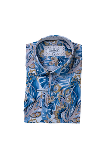 Blue patterned shirt with brand label on a white background