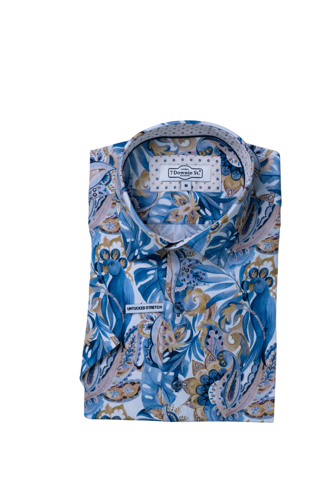 Blue patterned shirt with brand label on a white background