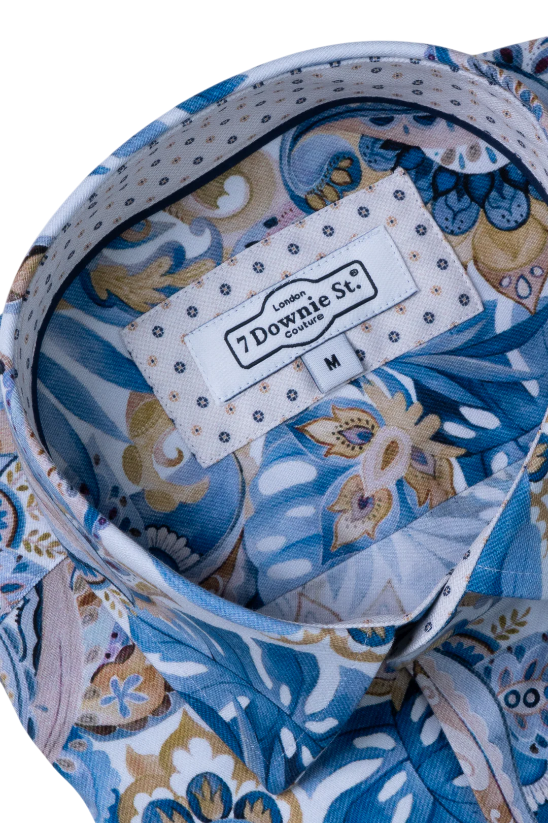 Blue patterned fabric with a label on a white background