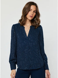 Navy Floral Textured Long Sleeve Blouse