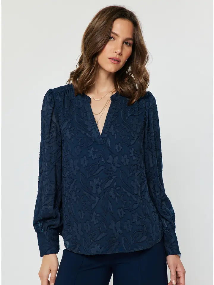 Navy Floral Textured Long Sleeve Blouse