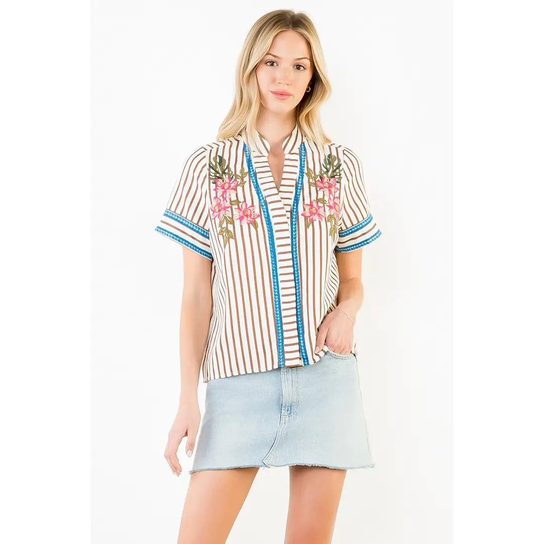 Short Sleeve Striped Floral Embroidery Top