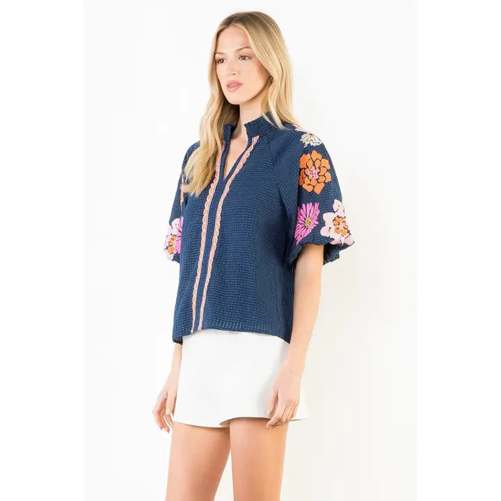 Floral Embroidery Puff Sleeve Textured Top