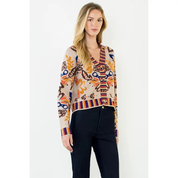Floral V-Neck Cardigan with Gold Buttons