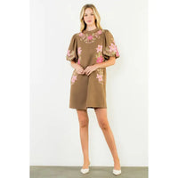 Suede Floral Embroidered Dress