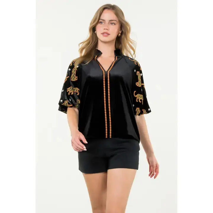 Velvet Puff Embroidered Sleeve Top THML