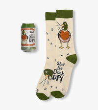 Shut the Duck Up Crew Socks are cream-colored novelty socks with green accents, a cartoon duck, and the phrase "Shut the Duck Up!"—a fun gift for anyone who loves quirky socks.