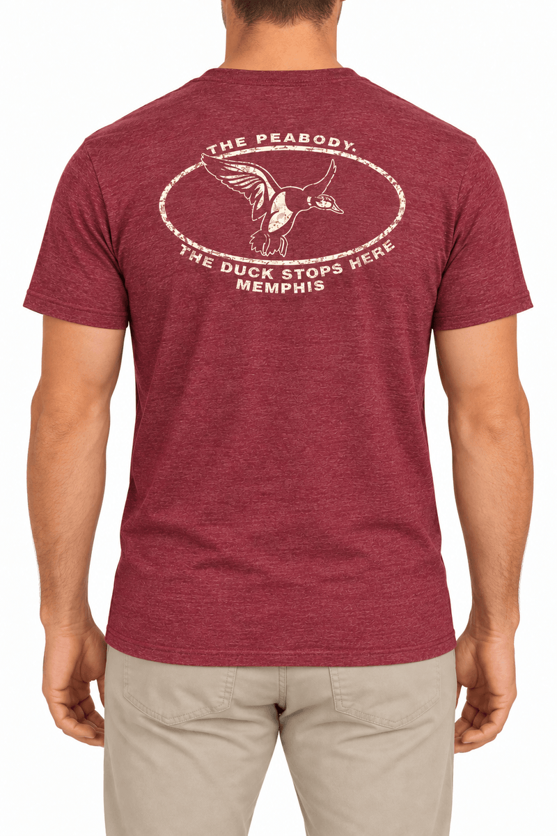 Back of The Duck Stops Here Scarlett short-sleeved tee with large cream Peabody duck graphic