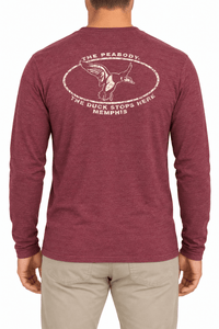 Back of burgundy Peabody tee with distressed cream duck graphic and The Duck Stops Here lettering