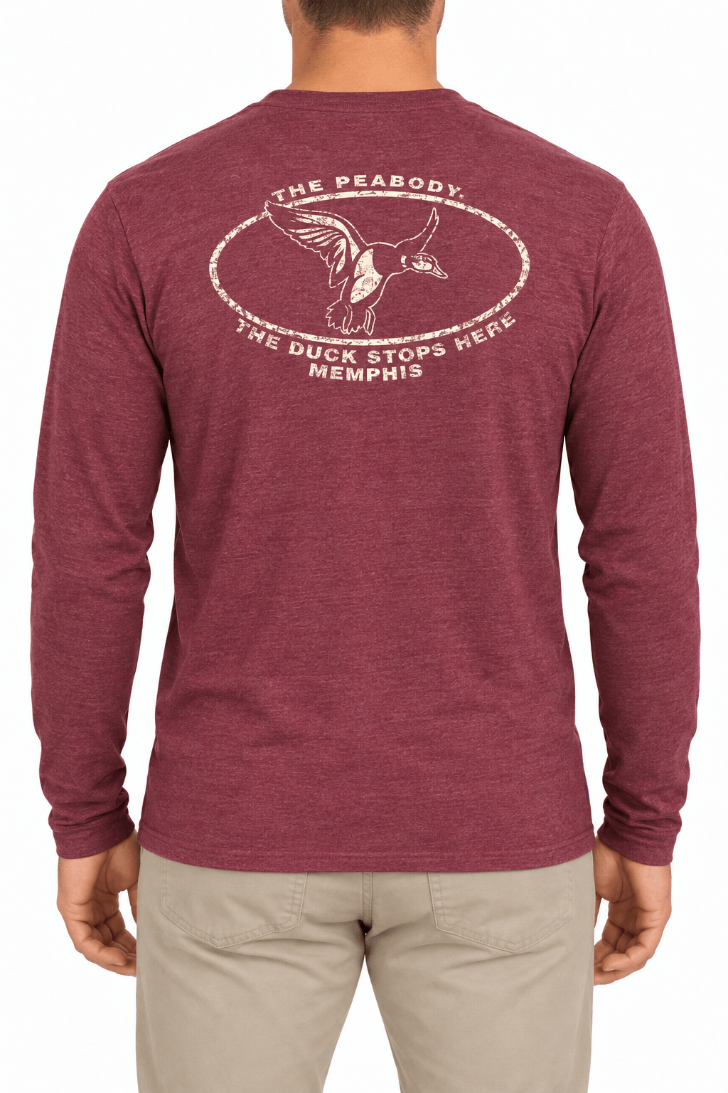 Back of burgundy Peabody tee with distressed cream duck graphic and The Duck Stops Here lettering