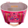 Bold pink Consuela tote with natural leather trim and woven straps