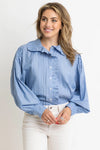 tripe Poplin Ruffle Collar Pleat Top Karlie