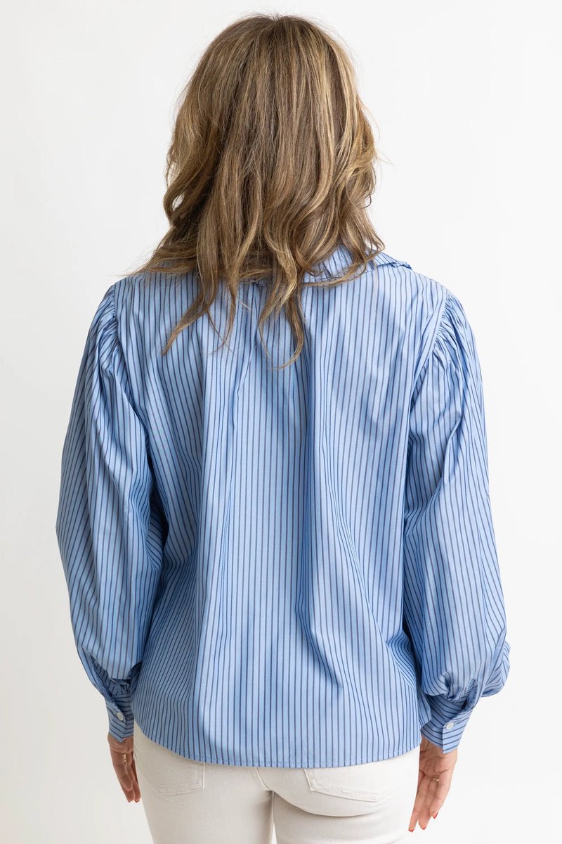 tripe Poplin Ruffle Collar Pleat Top Karlie