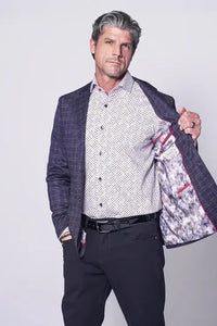 Cedarvale Sport Coat – Navy Printed Stretch Knit with Brown Check 7 Downie St.