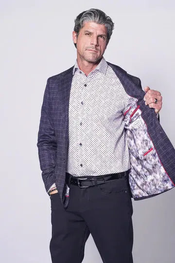Cedarvale Sport Coat – Navy Printed Stretch Knit with Brown Check 7 Downie St.