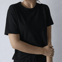 Relaxed Crew in Black with Oyster Stripe
