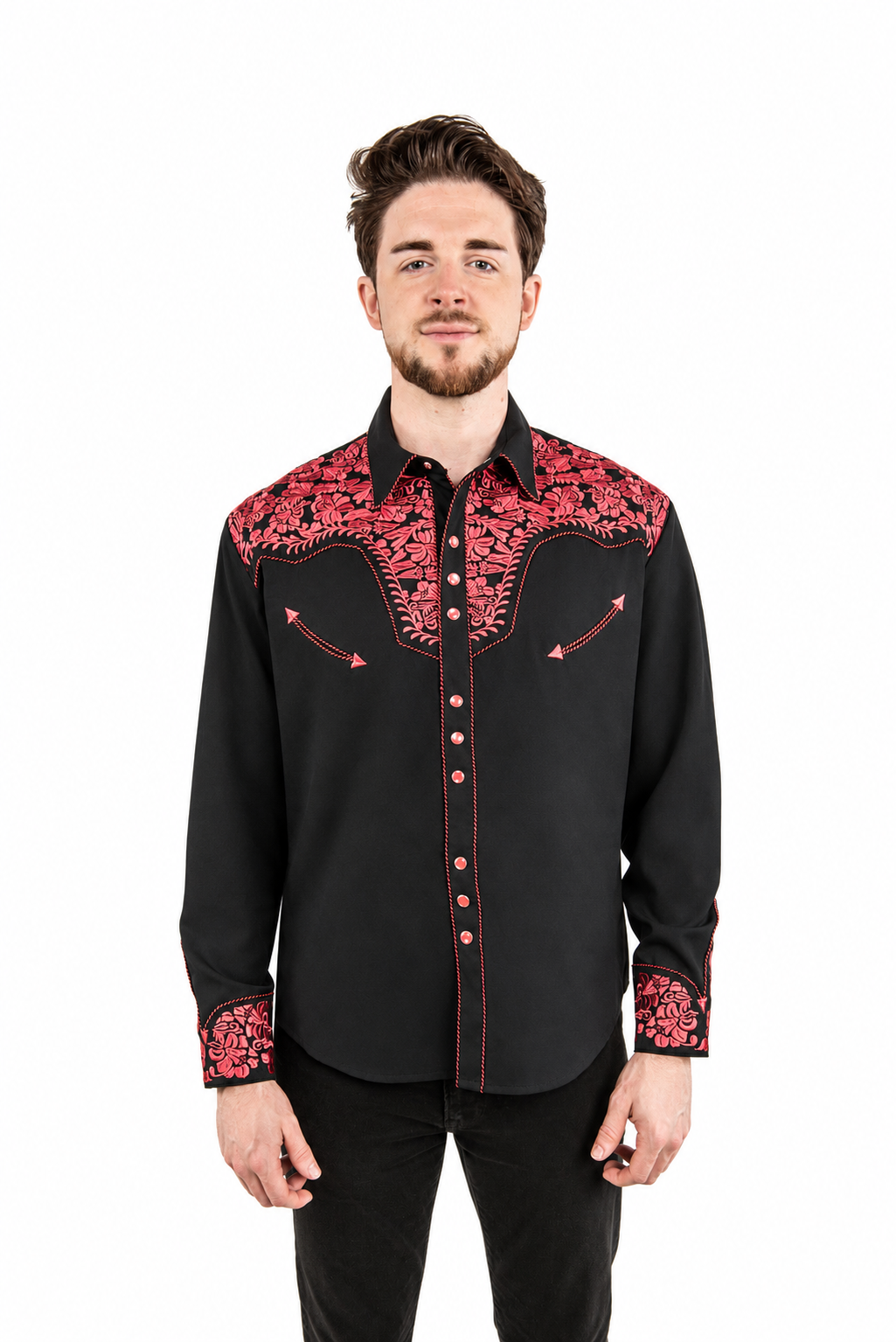 Floral Embroidered Rockabilly Shirt - Crimson