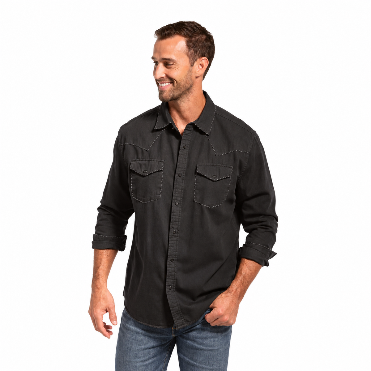 Man wearing a Madison Creek Outfitters Branson black denim Western shirt with whipstitch detailing