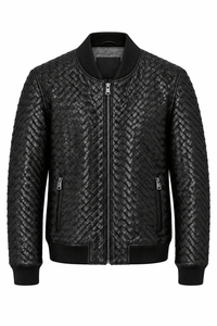 Black Woven Leather Bomber Jacket