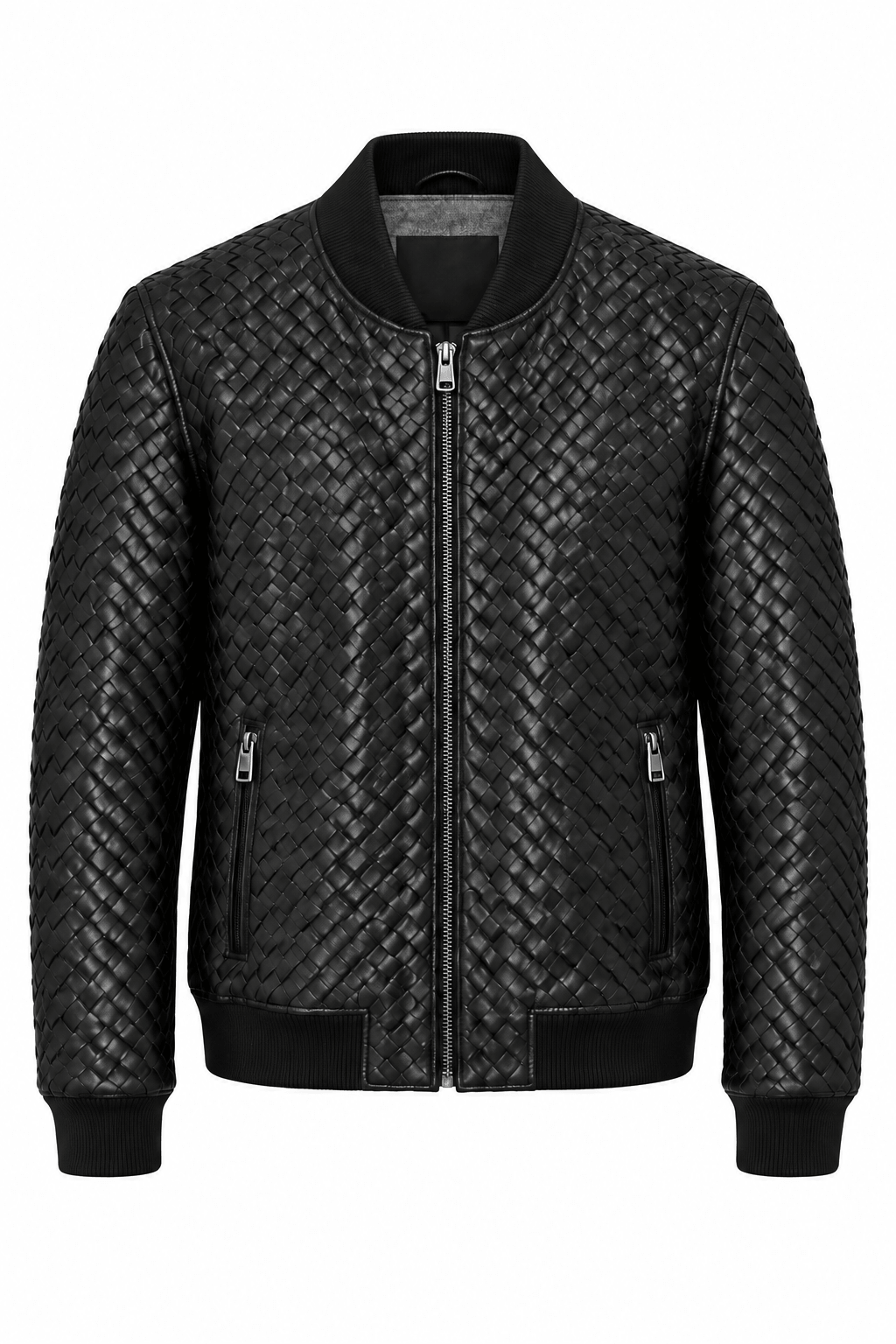Black Woven Leather Bomber Jacket