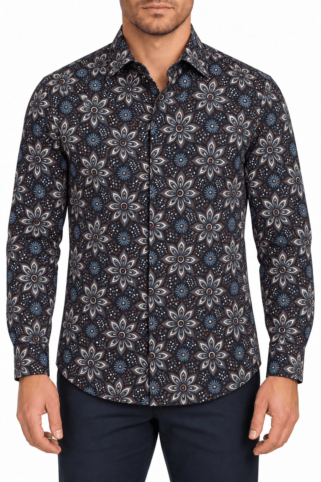 Midnight Bloom Long-Sleeve Sport Shirt – Navy Multi