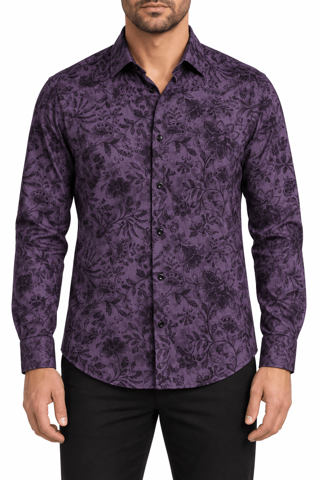 Floral Long-Sleeve Sport Shirt – Plum