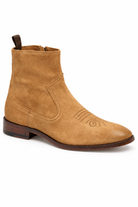 Johnston & Murphy Arrister men’s tan suede Western ankle boot with stitched detailing and stacked heel