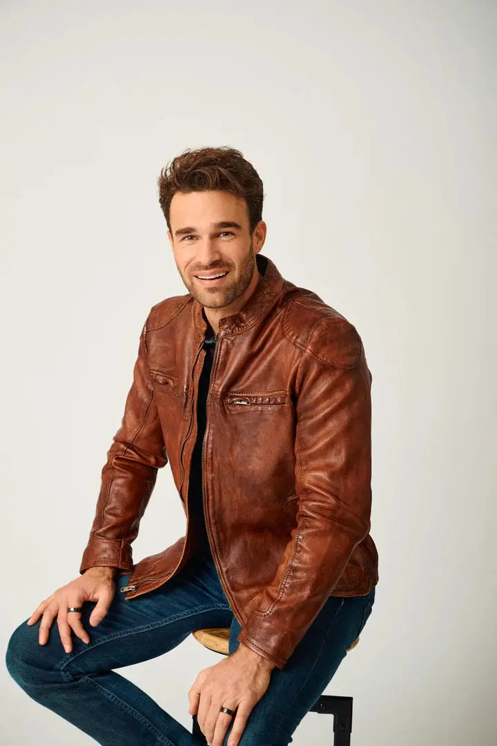 Lifestyle: Man wearing Chopa UF Leather Jacket Whiskey