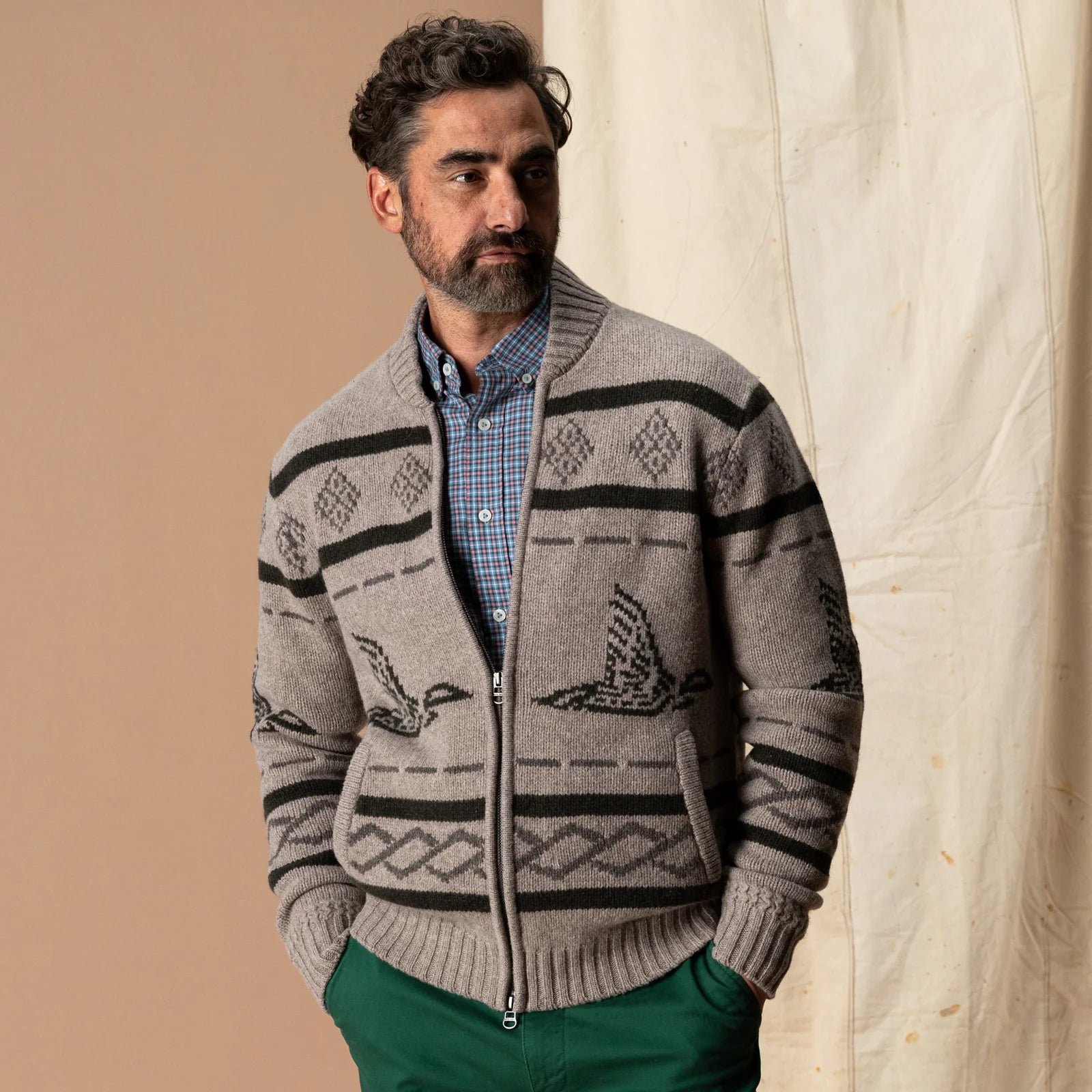 Flying Mallard Merino Intarsia Full Zip Sweater