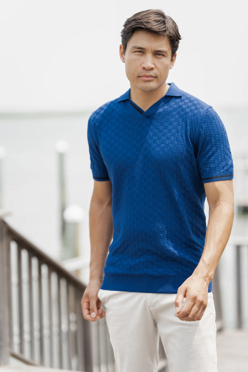 Saxe Grey Trim Textured Short Sleeve Knit Polo